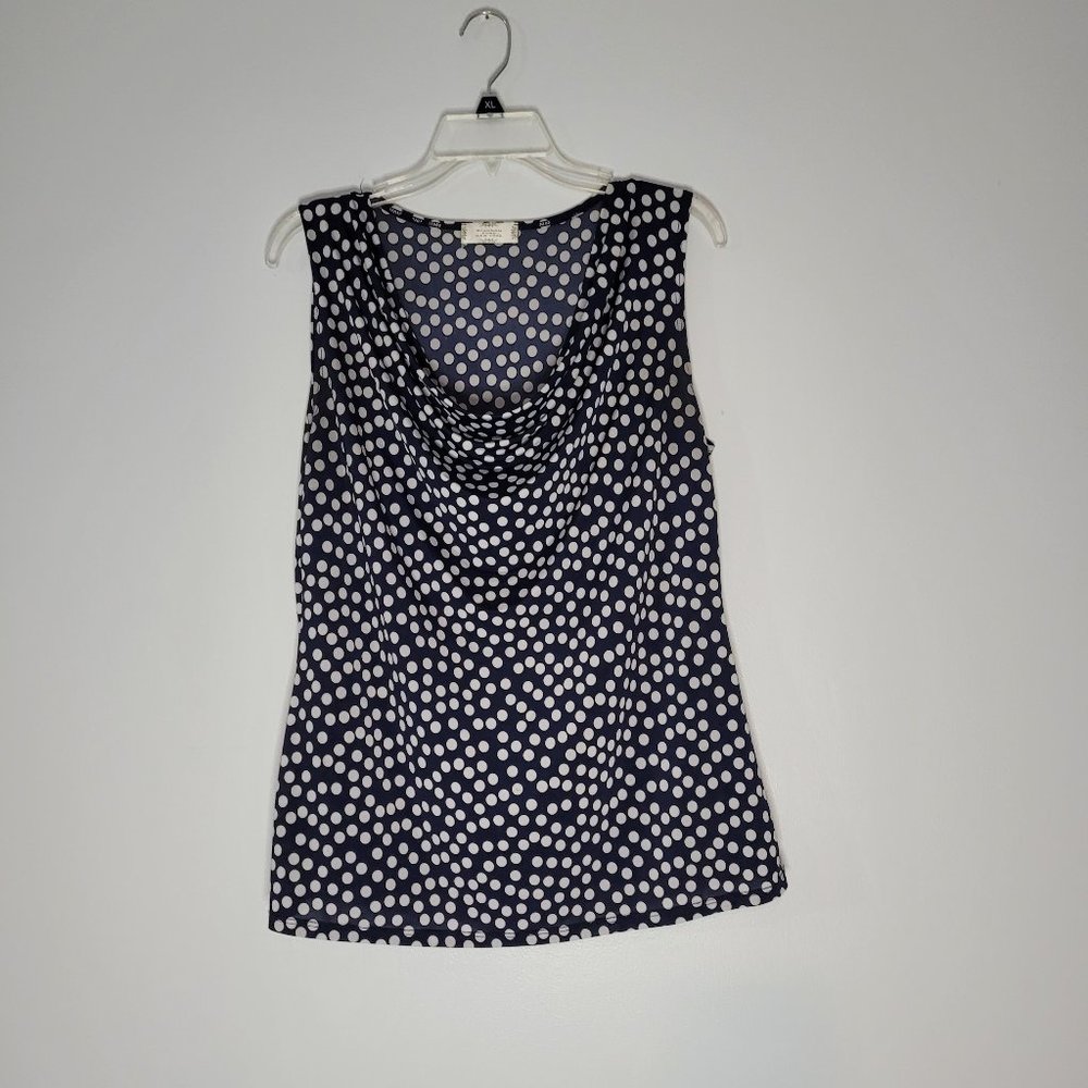 Shannon Ford, L, blue and white polka dot blouse